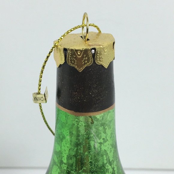Wine Bottle Christmas Holiday Glass Ornament With Stones Green Ornate 6" Hanging - Picture 4 of 12